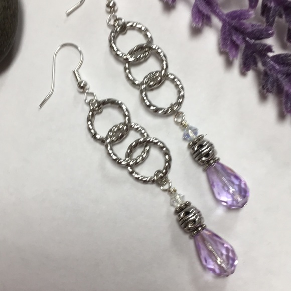 Long pastel lavender & silver rope hoops earrings - Picture 6 of 6